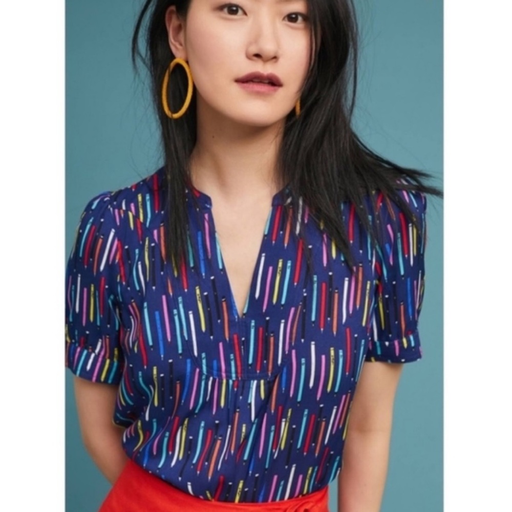 Anthropologie 52 Conversations Colored Pencils Navy Blouse